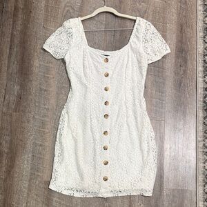 Country chic Sorority White Lace Button-Down mini Dress with puff sleeves
